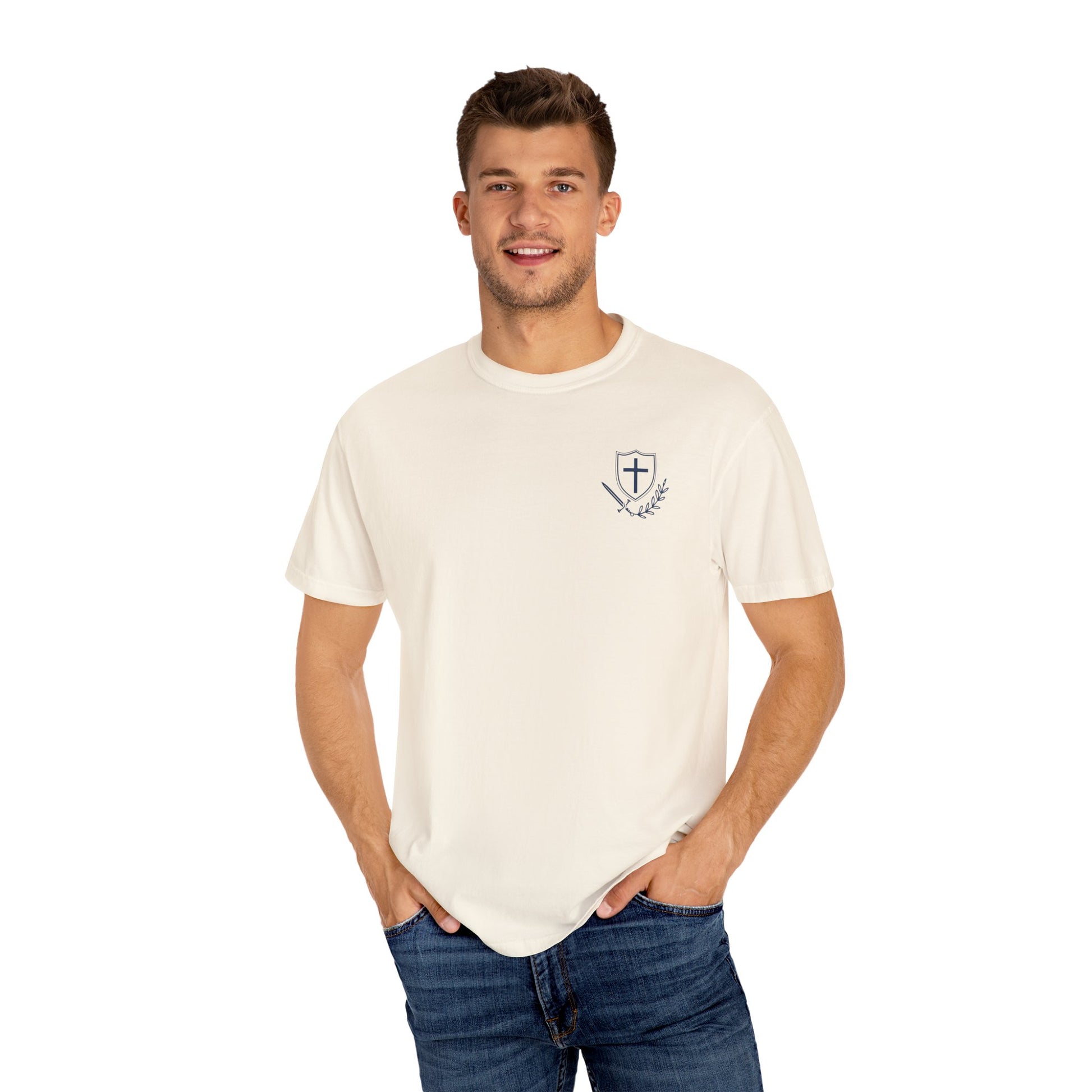 Standing on My Father's Business Faith-Inspired 100% Cotton T-Shirt,  Luke 2:49 Bible Verse, Blue Text