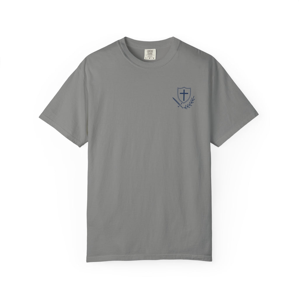 Standing on My Father's Business Faith-Inspired 100% Cotton T-Shirt,  Luke 2:49 Bible Verse, Blue Text